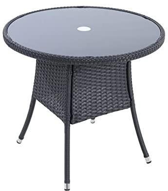 The Fellie Patio Table Garden Rattan Table Tempered Glass Tabletop 80cm Round Coffee Tables Outdoor Bistro Tables with Umbrella Hole,Black
