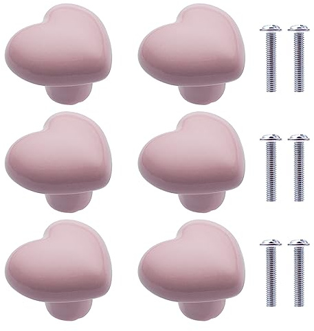 NAKUPENDA 6Pcs Boutons de Placard en Céramique Boutons de Tiroir de Placard en Céramique en Forme de Cœur Poignées pour Armoires de Cuisine de Bibliothèque (Rose Clair)