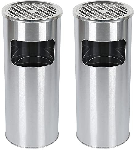 XUANYU 2er-Set 30 liter Mülleimer mit Aschenbecher Standaschenbecher für Draußen Herausnehmbarem Abfalleimer aus Edelstahl Ø25×60 cm (Silber)