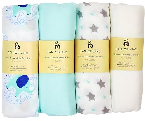 Cantoblanc® Copertina Neonato Cotone Bamboo 120x120 cm, 4 pz. Mussole Estiva Swaddle Bambini. Panni Fasciatoio Culla Avvolgenti Extra Morbida e Assorbente.