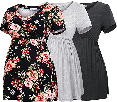 Bearsland moderskap toppar kortärmad rund hals amning t-shirt graviditetskläder, Marinblå och ljusgrå och svart blomma, S