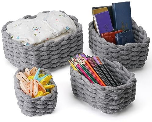 Lannvan 4er Set Aufbewahrungskorb Geflochten Baumwollseil - Korb Aufbewahrung Geflochten - Stapelbare Speicher Storage Basket für Kinderzimmer Wohnzimmer Bad,Grau