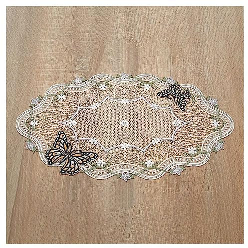 Deckchen Fiona Echte Plauener Spitze sommerliche Tischdecke mit kleinen Blüten und Schmetterlingen Pastell 50 x 30 cm oval