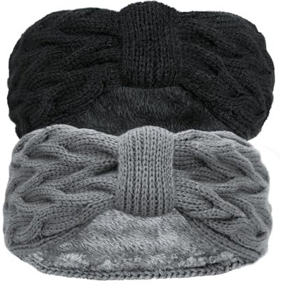 Stirnband Damen Winter, 2 Stück Stirnbänder Strick Gefüttert mit Fleece, Gestrickt Warmes Stirnbänder Ohrenwärmer Kopfband Haarband Verdicken für Frauen Mädchen (Schwarz + Grau)