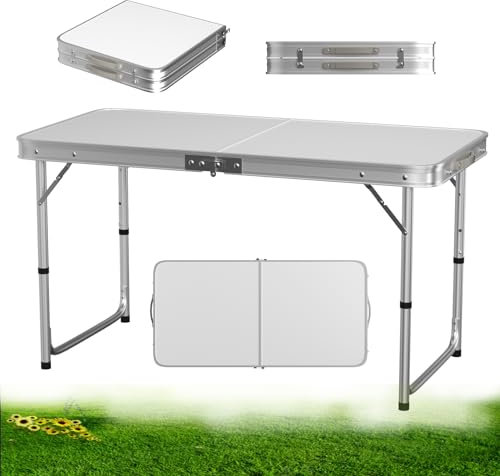 VickyHome Heavy Duty Camping Table Portable Folding Tables, Height Adjustable Picnic Table with Carrying Handle for Catering Garden Camping BBQ Party, 120X60X70CM, 3 Height 70/62/55cm