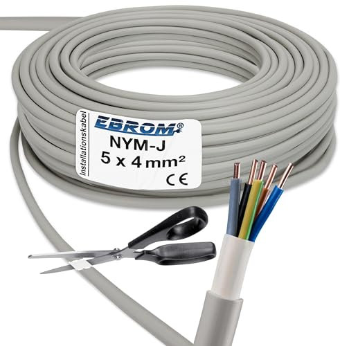 EBROM Câble gainé NYM-J 5 x 4 mm² - Plusieurs longueurs - Câble d'installation pour pièces humides - Gris - Pour une pose fixe dans des pièces sèches et humides - Longueur : 18 m