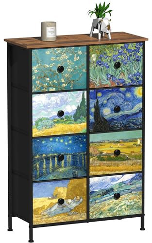 VEDECASA Schmal Kommode für Schlafzimmer Hohe Kommoden mit 8 Schubladen Van Gogh Schubladeneinheit für Kinderzimmer Wohnzimmer Flur Schlafzimmer Büro Metallrahmen Holzplatte Stoffkommode