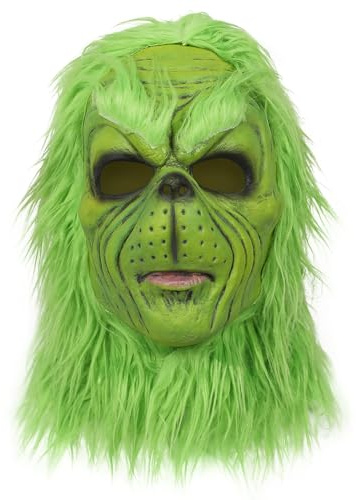 Claofoc Monster Maske Erwachsene Grünes Monster Mask Kostüm Weihnachts Hut | Maske mit Weihnachtsmütze, Latex, Erwachseneneinheitsgröße, grünes Gesicht, Weihnachten, Halloween, Karneval, Cosplay