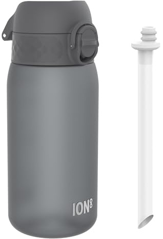 Ion8 Gourde Paille, 350 ml/12 oz, Étanche, Facile à Ouvrir, Verrouillage Sécurisé, Lavable au Lave-vaisselle, Sans BPA, Poignée de Transport, Couvercle Hygiénique, Facile à Nettoyer, Sans Odeur, Gris