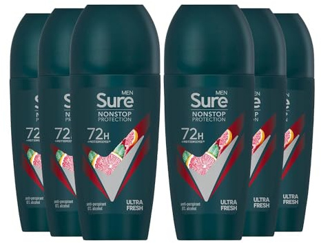 Sure Antiperspirant 72H Nonstop Sweat and Odour Protection Alcohol-Free Roll On with Citrusy, Spicy and Woody Scent Multi Fragrance Deodorant for Men, 50ml Pack of 6 (Ultra Fresh)