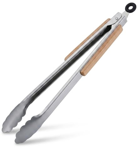4 x grilltänger, rostfritt stål, med trähandtag, lång koktång för grill och kök, 38 cm, kökstång med ögla, silver/natur