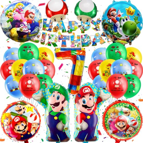 MLA7 32PCS Mario Geburtstag Deko, 7 Jahre alt Luftballon, Kindergeburtstag Ballon Set, Geburtstagsdeko, Luftballon Geburtstag, Thema Dekoration mit Super Mari Luftballon Banner Kindergeburtstag