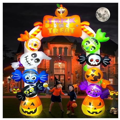 Kalolary Arco de Caramelo Inflable Halloween, Halloween Caramelo Calabaza Fantasma con Luces LED Gigante Hinchable Halloween Exterior Decoracion Patio casa Césped Jardín