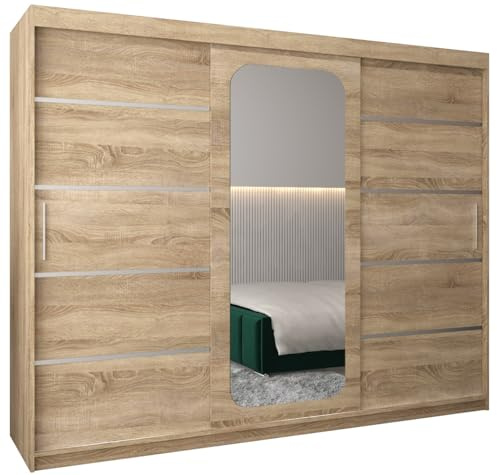 MEBLE KRYSPOL Promo 2 250 Schlafzimmerschrank mit DREI Schiebetüren, Spiegel, Kleiderstange und Regalen – 250x200x62cm - Sonoma