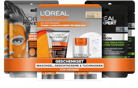 L'Oréal Men Expert Pflegeset gegen müde Haut für Männer, Mit Waschgel, Gesichtscreme und 4x Tuchmasken, Geschenkset für Herren mit Vitamin C, Hydra Energy, 6-teilig