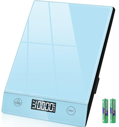 Küchenwaage Digital,Geneigtes Display,10KG,Hochpräzise 1g,mit Tara-Funktion,Glas Lebensmittelwaage Wasserdicht,Touchscreen inkl. Batterien (Blau)