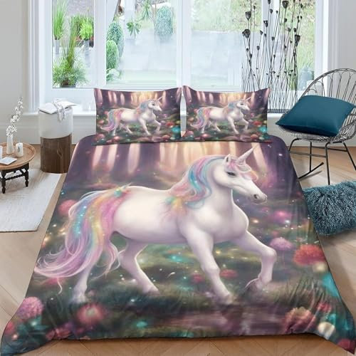 Bettwäsche Tierisches Einhorn 135X200 cm 3D Bettbezug Set Microfaser Weiche Flauschige Bettdeckenbezug Mit Reißverschluss Und 2 Kissenbezug 80X80Cm - Anti-Allergie Anti-Fading Pfl-9453275670192810000