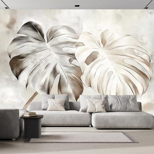 Papier Peint Panoramique Feuille Monstera Vintage Plantes Abstraites Soie, 250×175cm Poster Geant Mural Personnalisé 3D pour Salon Chambre Chambre d'enfants Décoration Murale