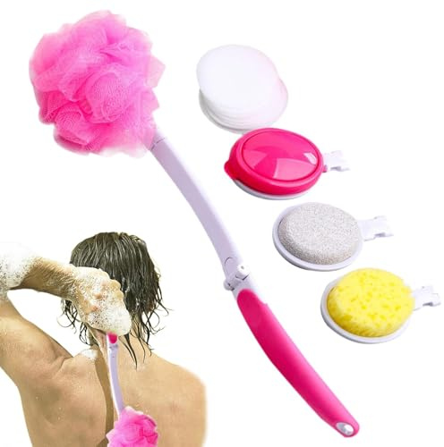 Brosse à récurer pour le dos pour douche avec poignée amovible – Brosse à récurer pour le dos avec long manche | Brosse de bain pliable antidérapante avec 4 têtes de brosse pour le dos pour douche