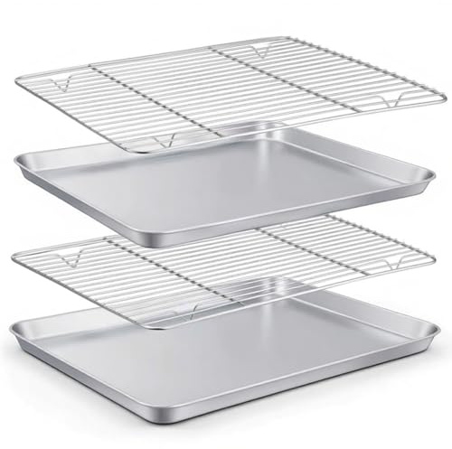 Baking Tray with Rack Set (2 Trays + 2 Racks), Non Stick Oven Tray 40.5 x 30.5 x 2.5 cm, Stainless Steel Cookie Sheet Pan with Cooling Rack for Baking Cooking Roasting Drying