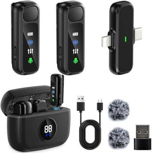 LIUWID Microfono Lavalier Wireless,Mini Microfono Vlog con Display Digitale, Custodia di Ricarica,Cancellazione del Rumore,Microfono Wireless Lavalier 3 in 1 per La Registrazione Video (Nero)