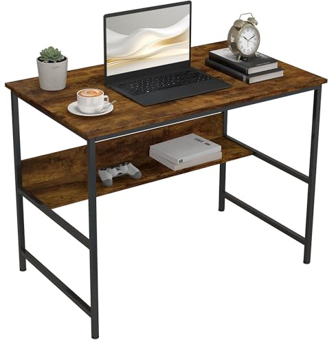 HOMCOM Computer Desk with Storage Shelf, 100 x 60cm Home Office Desk with Metal Frame, Study Table, Easy Assembly, Rustic Brown