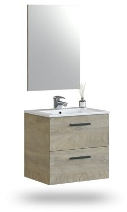 duehome | Mueble de Baño con 2 Cajones y Espejo, Modulo Lavabo, Modelo Sense, Acabado en Roble Alaska, Medidas: 60 cm (Ancho) x 57 cm (Alto) x 45 cm (Fondo)
