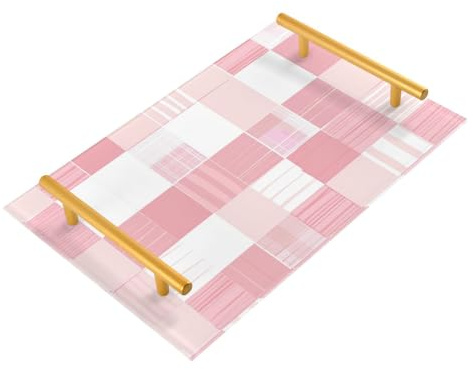 Plateaux de cuisine décoratifs avec poignées - Motif à carreaux - Rose pâle et blanc - Plateau alimentaire pour lit - Pour bijoux, parfum - Plateaux à thé - Bandeja de decoracion para mesa