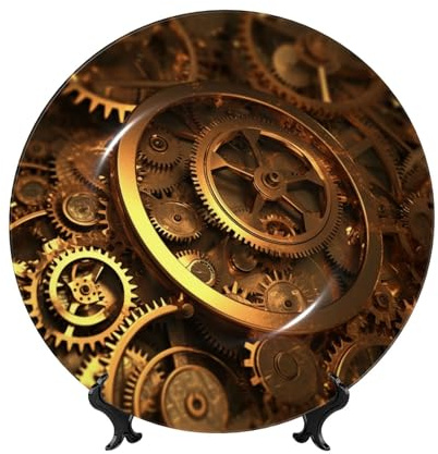 BWLHJKE Assiette décorative en porcelaine anglaise avec motif engrenages steampunk cool avec support de présentation, assiette décorative en céramique pour décoration murale 20,3 cm
