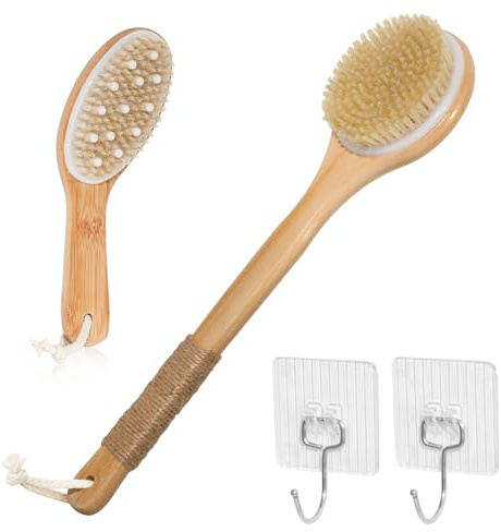 Gullskies 2 Stück Trockenbürste Körper, Rückenbürste Dusche Mit Langem Stiel & Trockenbürste Lymphdrainage, Natürliche Borsten Für Peeling & Lymphdrainage, Massagebürste Körper.