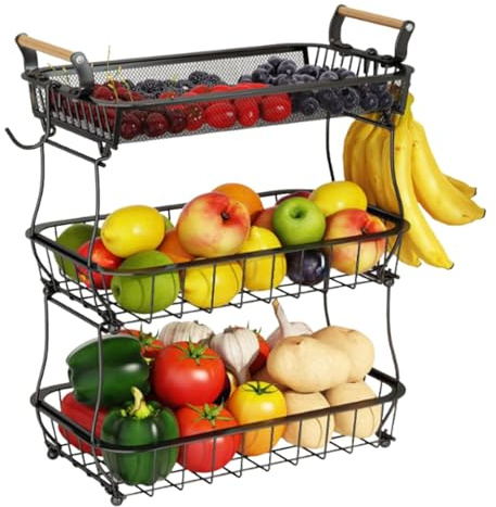 3 Tier Fruit Basket With 2 Banana Hangers - Countertop Fruit Vegetable Basket Bowl For Kitchen | Stainless Steel Countertop Kitchen Fruits Vegetable Bread Snack Storage Baskets | Space-Saving Design