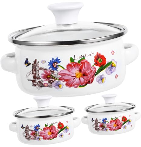 VERDANVERSE Set 3 Pezzi Pentole Smaltate Piccole per Piano Cottura a Induzione, Pentola per Zuppa a Fondo Piatto Doppia Maniglia, Piccola Casseruola Leggera per Brodo e Noodles Istantanei