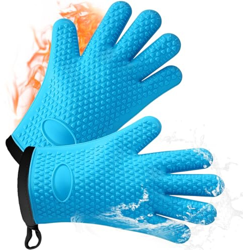 AMFUN 2er Set Ofenhandschuhe, Silikon Ofenhandschuhe Hitzebeständige mit weichem Baumwoll-Innenfutter, Rutschschutz Kochhandschuhe bis 240°C, für die Küche, zum Grillen, Kochen und Backen, Blau kurz