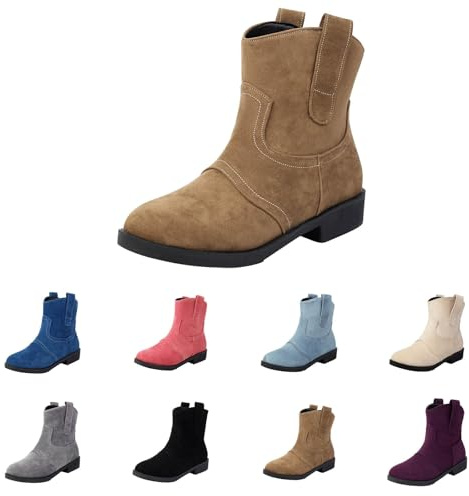 Cowgirlstövlar för kvinnor mocka – bruna västerländska ankelstövlar för damer – cowboy slitna skor åker lågblock klackat stövel slip-on promenadstövlar bred passform hållbarhet tossor streetwear skor