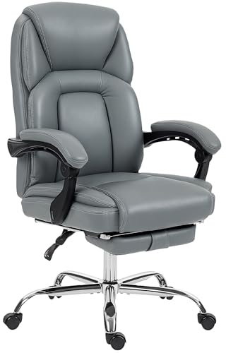 HOMCOM Ergonomic Office Chair with Footrest, 135° Reclining, Grey | PU Leather, Executive Desk Chair, Pocket Spring Seat, for Home Office Work