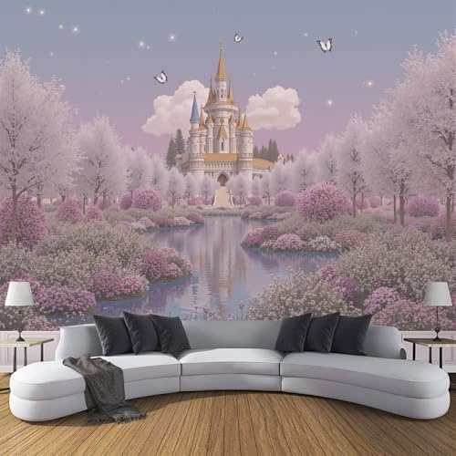 ZISTRCBAO Carta Da Parati Panoramica in Seta Castello Dei Fiori Di Ciliegio, Carta Da Parati Acquerello Sognante, Decorazione Da Muro Poster per Soggiorno Camera Da Letto Ristorante 150x105cm, Rosa