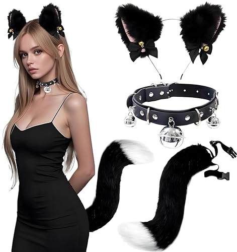 SHTALHST Katzenkostüm Damen, Katzenohren Haarreif Mit Schwanz Und Halsband | 3-teiliges Set Aus Kunstfell Und Kunstleder Für Halloween, Fasching, Karneval, Cosplay Und Mottopartys