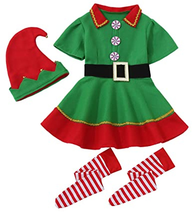 Elfe de Noël Costume pour Enfant, Déguisement Lutin pour Filles et Garçons, Ensemble de Costumes d'elfe Noël Vert, Costume pour Nouvelle Année Cosplay Carnaval Mascarade d'halloween 12 Ans Fille A01