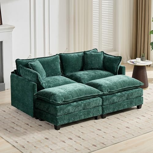 Aoowow Chenille Loveseat Cloud Couch with Ottomans,78 Modular Sectional Small Love Seat Lounger Sofa for Small Spaces,Double Chaise Lounge Chairs Indoor for Living Room Bedroom (Green, 2+2)