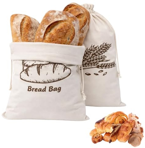 HiTjK Bread Bags for Homemade Bread, 30x45 cm 2-Pack Reusable Bread Storage Bags, Cotton Fabric Bread Bags for Extending Freshness, Drawstring Kitchen Organizers for Home Bakers