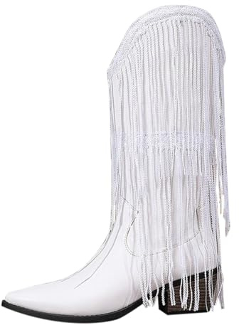 Stivali alti da donna glitterati, stivali western da donna con frange, colore bianco lucido, stivali in pelle, stivali da cavaliere con frange, stivali in pizzo, stivali corti