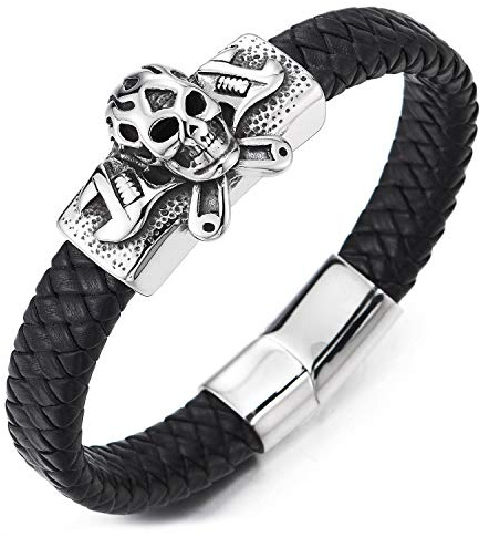 COOLSTEELANDBEYOND Punk Rock Gotik Biker Herren Schwarz Geflochtenes Leder-Armband mit Vintage Edelstahl Schlüssel Flamme Schädel