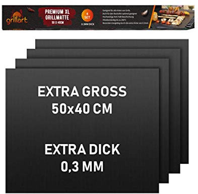 grillart® 4 SET Premium BBQ Grillmatte – Hochwertige Grillmatten für Gasgrill mit Anti-Haft Beschichtung – auch als Backmatte geeignet – Extra Groß und Dick daher besonders stabil und langlebig