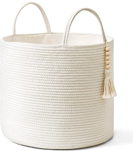 Mkono Gewebter Aufbewahrungskorb, dekorativer natürlicher Seilkorb, Holzperlen-Dekoration für Decken, Spielzeug, Kleidung, Schuhe, Pflanzen-Organizer mit Griffen, Wohnzimmer, Heimdekoration, weiß,