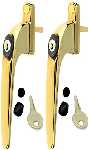 2 Heather UK Polished Gold Upvc Replacement Window Handles Double Glazing Brass Window Handles Gold UPVC Window Handle Gold and Spindle with Universal Key Brass Fixing Screws Left or Right (2, Gold)
