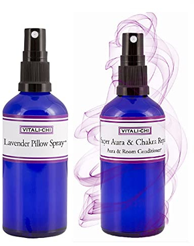 Vitali-Chi Almohada de lavanda y Super Chakra Reparación Aura, Lino & Room Spray Bundle - con lavanda y manzanilla, bergamota, naranja amarga y pachulí aceites esenciales puros – 50 ml