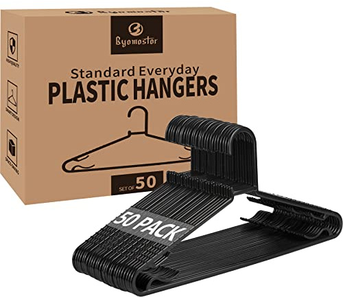 Byomostor Black Plastic Hangers 50 Pack, Light Weight Durable Clothes Hangers G-Shape Standard Size Non-Slip Coat Hanger Adult Clothes Hangers for Laundry & Everyday Use -Slim & Space Saving