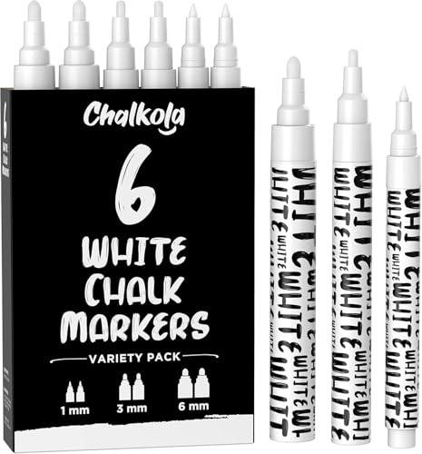 Chalkola 6 Kreidestifte für Tafel Abwaschbar Weiß, 1mm, 3mm & 6mm Spitze | 6 Kreidemarker Weiss, Kreidestift Weiß für Fenster & Tafel, Glasstift, Chalk Marker, Tafelstifte, Fensterstifte Abwaschbar