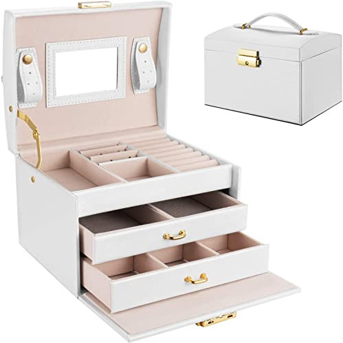 penobon Organizador de Joyas con Espejo, Joyero Mujer con 2 Cajones, Caja Joyero para Anillos, Pendientes, Collares, Relojes