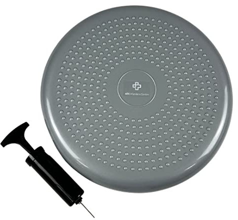 ATC Handels GmbH Balance- und Sitzkissen in verschiedenen Farben inkl. Pumpe - 33cm Durchmesser - aufblasbares Luftkissen, Balance Pad, Physiokissen für Koordination- und Fitnesstraining, silber